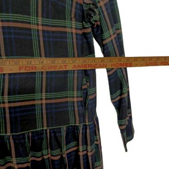 UNIQLO Soft Flannel Long Sleeve Tiered Black Green Blue Plaid Print Mini Dress - Picture 8 of 9